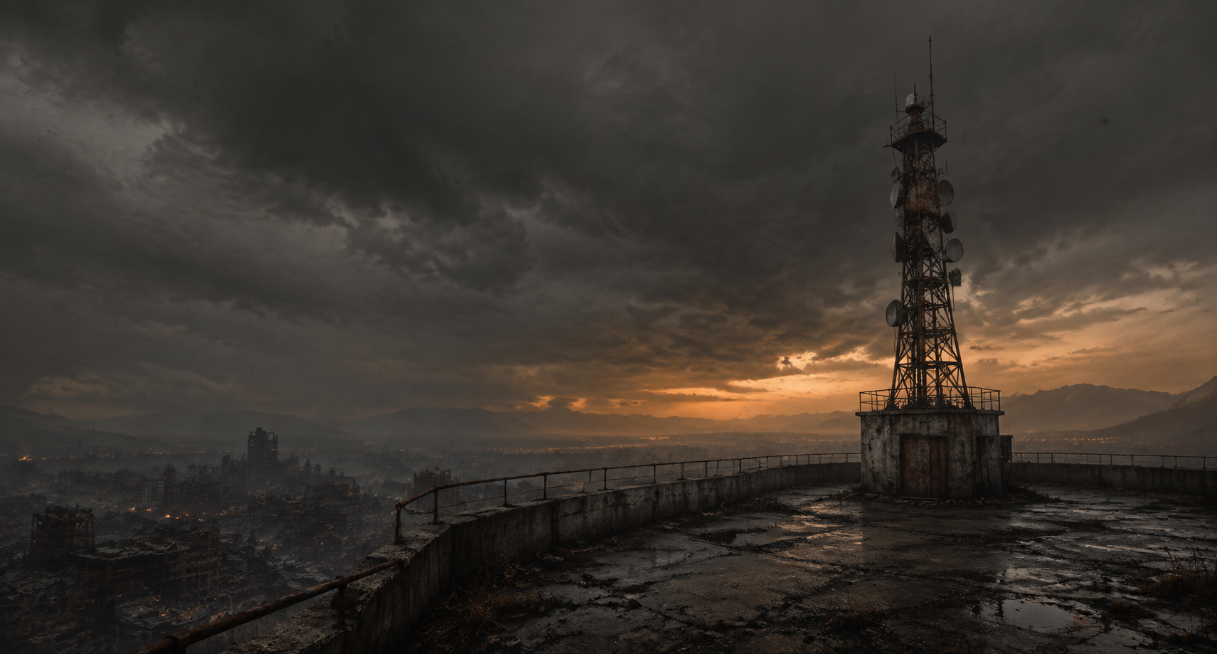 Verlassener Funkturm über einer Stadt unter schweren Sturmwolken